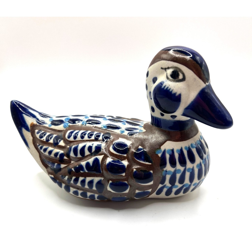Tonala Mexican Ceramic Blue Brown Hand Painted Duck - Signed - Size 4‎ x 6.5"